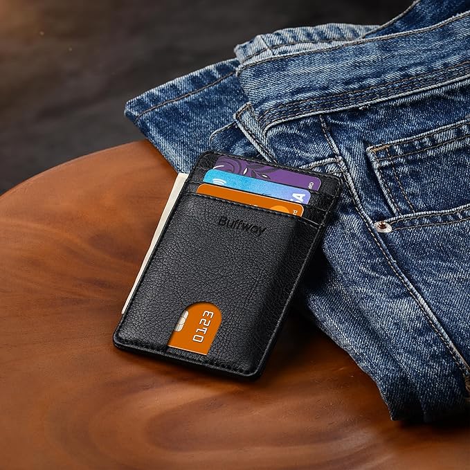 Buffway Mens Slim Wallet, Minimalist Thin Front Pocket Leather Credit Card Holder with RFID Blocking for Work Travel | Minimalist, Thin, Front Pocket, Credit Card Holder, RFID Blocking, for Work Travel