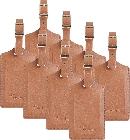 Travelambo 8 Pack Luggage Tags Faux Leather for Suitcases Travel Bag Labels Travel Accessories Essential with Protection Cover ID (Yellowish Brown)