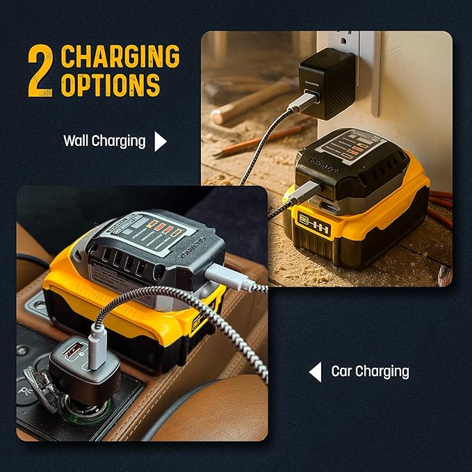 Galvanox Portable Battery Charger Set for DEWALT 20V Max Batteries, Fast Charging Powerbank Enabled (65W Input/Output) USB Type-C with AC Wall, DC Vehicle Car Adapter and Organizer (Power Pack, 4PC)