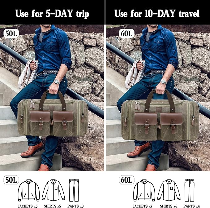 Waxed Canvas Duffle Bag for Men 50L Travel Duffel Bags Expandable Genuine Leather Duffel Overnight Weekender Carry On Bag Two Zipper Pockets Travel Bag (Vintage Grey, Large-50L)