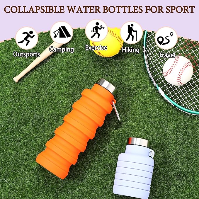 Baderke 2 Pcs Collapsible Water Bottles 17oz Silicone Travel Foldable Portable Water Bottle with Buckle Silicone Lightweight Reusable Leakproof for Camping Hiking Cycling Sport(Purple, Orange)