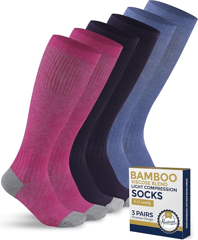 Pembrook Bamboo Viscose Light Compression Socks - 3 Pairs | 8-15 mmhg Compression Socks | Knee High Comfort Support Socks