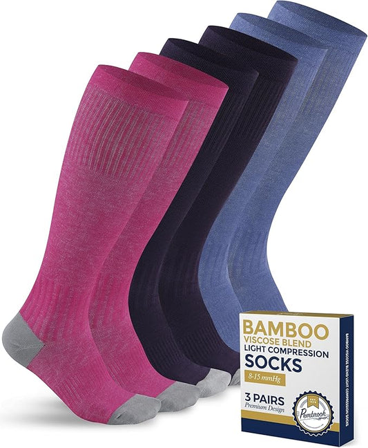 Pembrook Bamboo Viscose Light Compression Socks - 3 Pairs | 8-15 mmhg Compression Socks | Knee High Comfort Support Socks