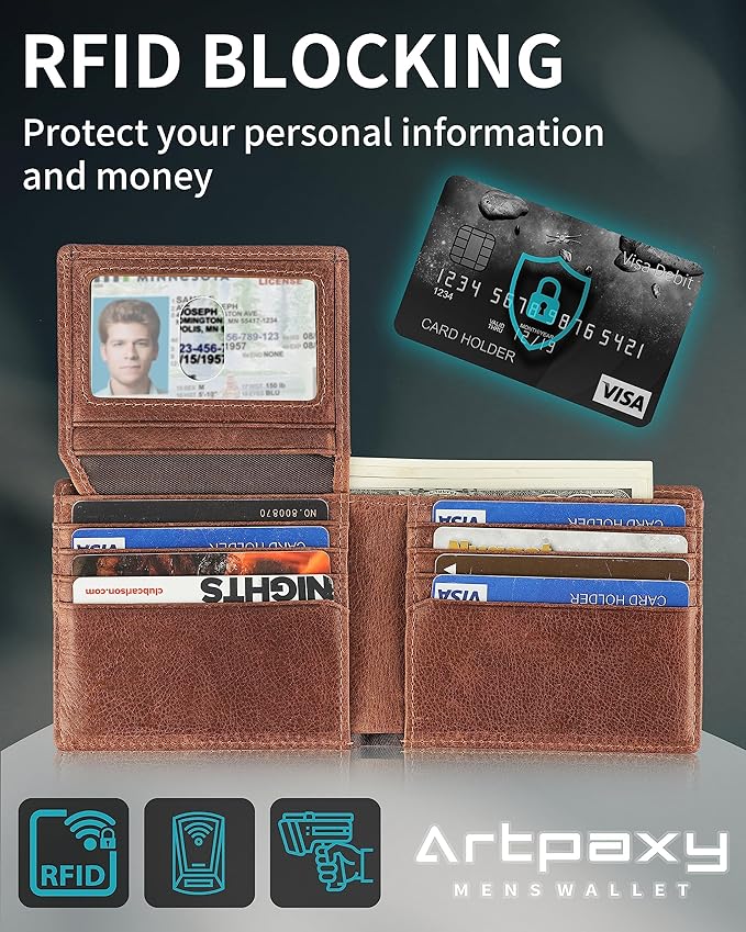 Mens Wallet With AirTag Holder, Bifold Leather RFID Blocking 1-2 ID Windows 12-13 Card Holders, Gift Box and Screen Protector Included, AirTag Not Included