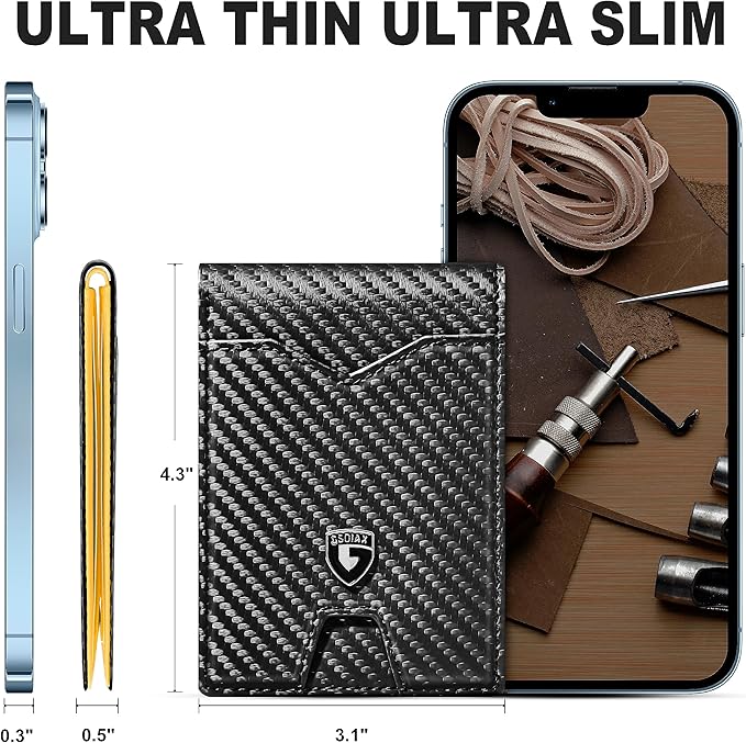 GSOIAX Mens Slim Wallet for Men Minimalist Genuine Leather Carbon Fiber Rfid Blocking Bifold Credit Card Holder With Gift Box (Yellow and Carbon Black)