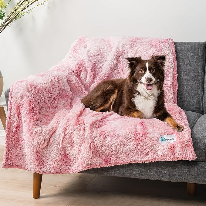 PetAmi Waterproof Dog Blanket for Large Dog, Calming Pet Blanket Bed Couch Cover Protector, Washable Sherpa Faux Fur Throw for Sofa Furniture Protection, Soft Fluffy 60x80 Tie-Dye Pink