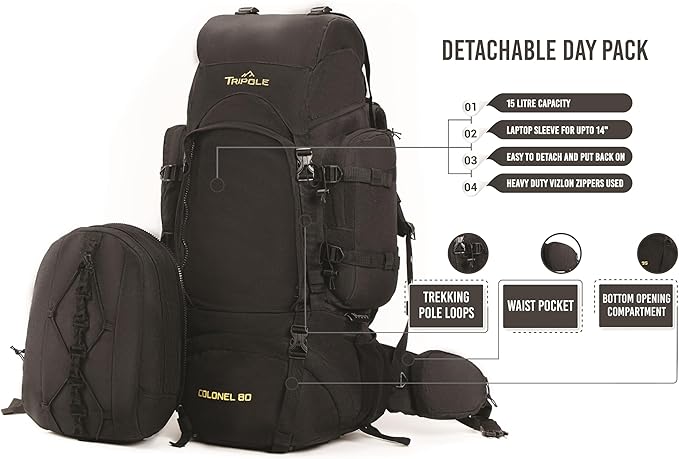 Tripole Colonel 80 Litres Internal Frame Trekking and Hiking Rucksack + Detachable Day Pack, Rain Cover, Black