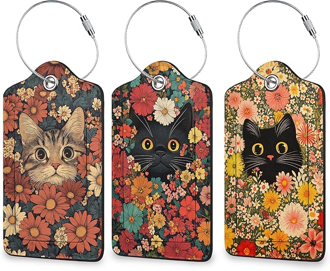 Flower Cat 3 Pack Luggage Tag for Suitcase, Unique Leather Travel Tags Identifiers with Privacy Name Address Labels & Durable Steel Loop for Women Men Travel