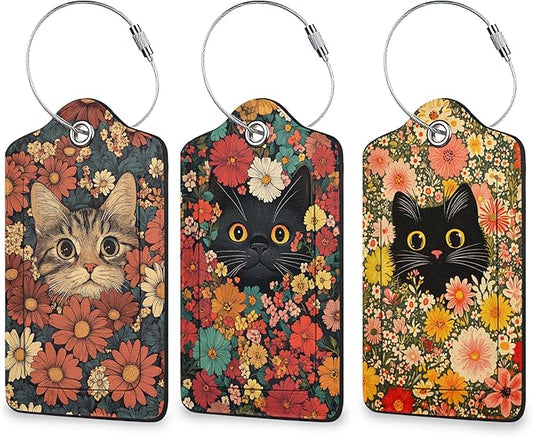 Flower Cat 3 Pack Luggage Tag for Suitcase, Unique Leather Travel Tags Identifiers with Privacy Name Address Labels & Durable Steel Loop for Women Men Travel