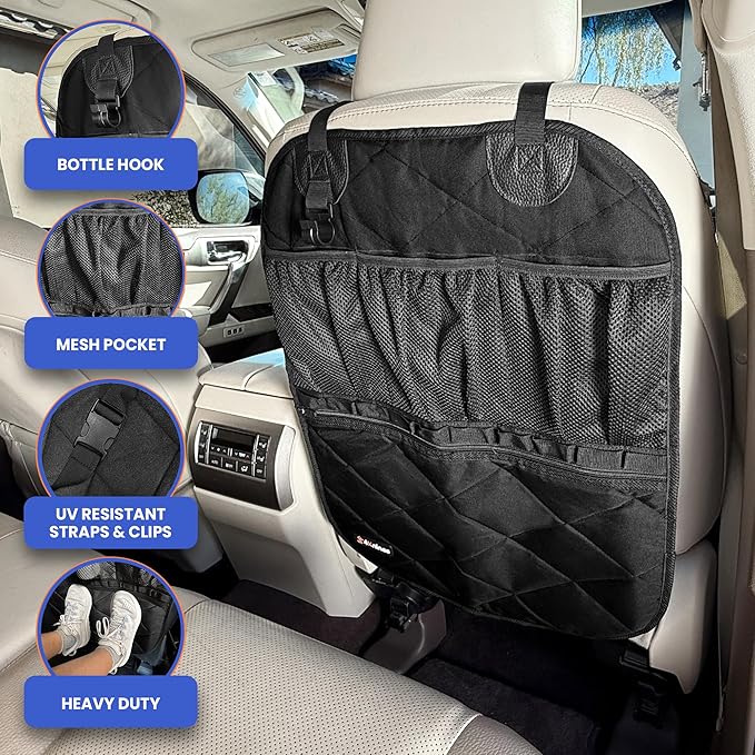 4Knines Car Seat Back Organizer – Heavy-Duty Kick Mat w/Mesh Storage Pockets, Bottle Hook – UV-Resistant Hardware – Waterproof Backseat Organizer for Kids & Pets – Fits SUVs, Trucks, Cars – Black