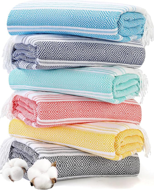 Genovega 6 Oversized Turkish Beach Bath Towel Set Bulk 74"x38" Extra Large Sand Free Quick Dry Swimming Camping Pool Clearance Towels Blanket Essentials Adult Multi Coral Pink Rhombus