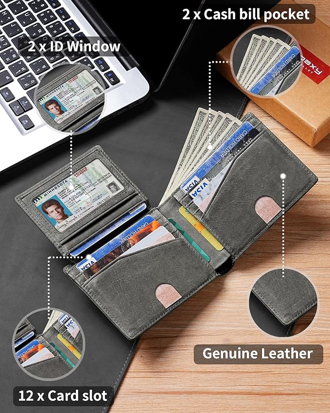 Artpaxy Mens Wallet Bifold Genuine Leather RFID Blocking Wallet for Men with 2 ID Windows 12 Card Holders 2 cash pockets 1 Gift Box