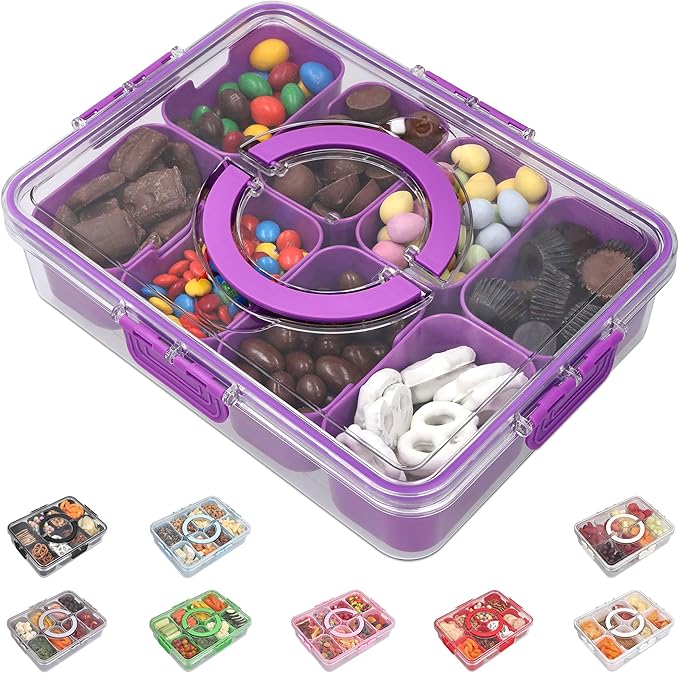 Snackle Box Container with Lid- Travel Charcuterie Box with Handle - Organizer for Candy, Fruit, Nuts, Veggies, Snacks, Beach Essentials, Portable Lunch Box (Purple, Large)