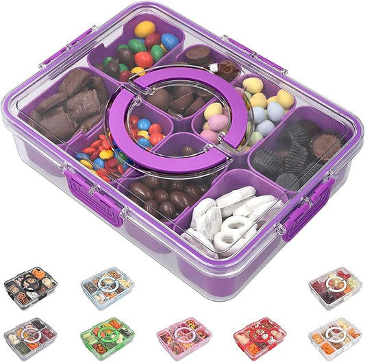 Snackle Box Container with Lid- Travel Charcuterie Box with Handle - Organizer for Candy, Fruit, Nuts, Veggies, Snacks, Beach Essentials, Portable Lunch Box (Purple, Large)