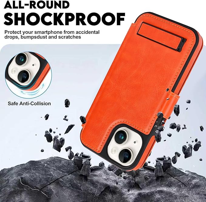 CIVICASE for iPhone 15 Wallet Case with Stand,PU Leather Flip Credit Card Holder Slots (RFID Blocking),Compatible with Magsafe Magnetic Holder Phone Cover Women Men, Orange