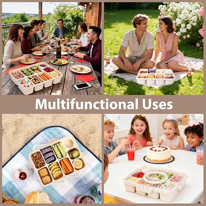 Wheat Straw Snackle Box Container,Dishwasher Safe-9 Compartment Divided Serving Tray with Lid and Handle, Built-in Dip Containers,BPA-Free,White