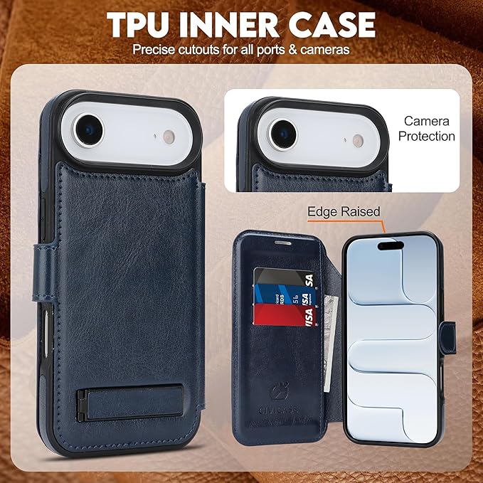 CIVICASE for iPhone Air Wallet Case with Stand,PU Leather Flip Credit Card Holder Slots (RFID Blocking),Compatible with Magsafe Magnetic Holder Phone Cover Women Men,Blue