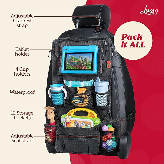 Lusso Gear Heavy Duty Back Seat Car Organizer Extra Large for Powerful Protection, Sag Proof & Reinforced Corners, Protects iPad & Backseat, 12 Versatile Car Seat Organizer Storage Compartments, (Tan)