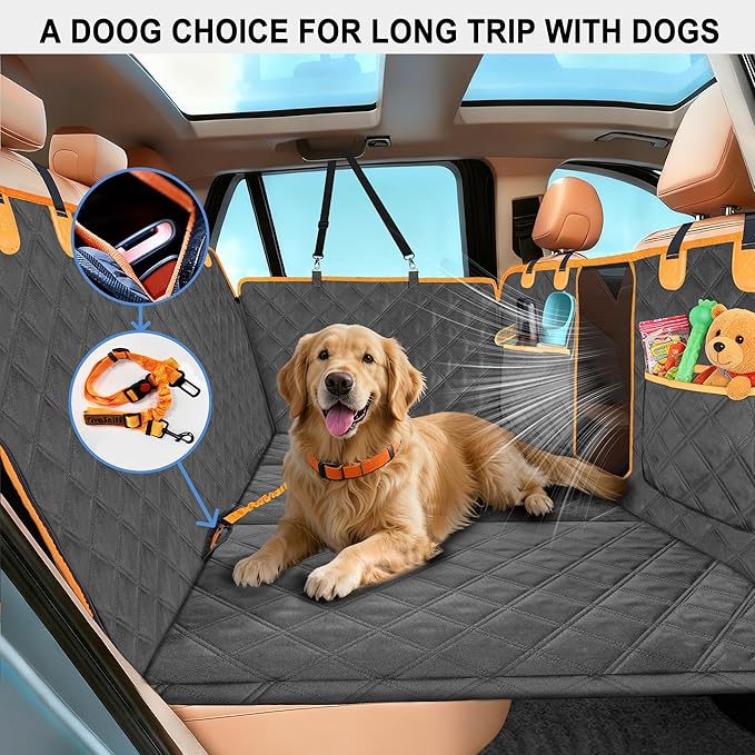 Hard Bottom Back Seat Extender for Dogs, Waterproof Dog Car Seat Cover, 420lb Support, 600D Heavy Duty Car Seat Protector Dog Hammock for Sedan, SUV, Small Truck(Black & Orange)