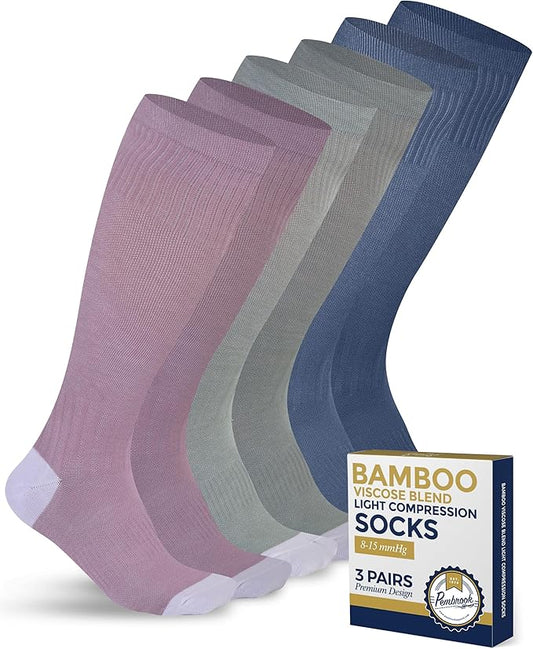 Pembrook Bamboo Viscose Light Compression Socks - 3 Pairs | 8-15 mmhg Compression Socks | Knee High Comfort Support Socks