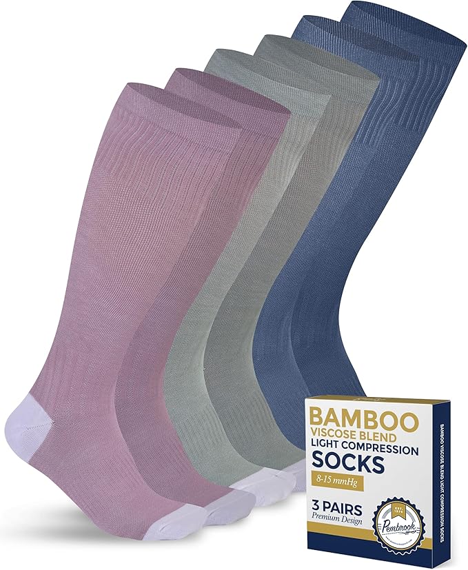 Pembrook Bamboo Viscose Light Compression Socks - 3 Pairs | 8-15 mmhg Compression Socks | Knee High Comfort Support Socks