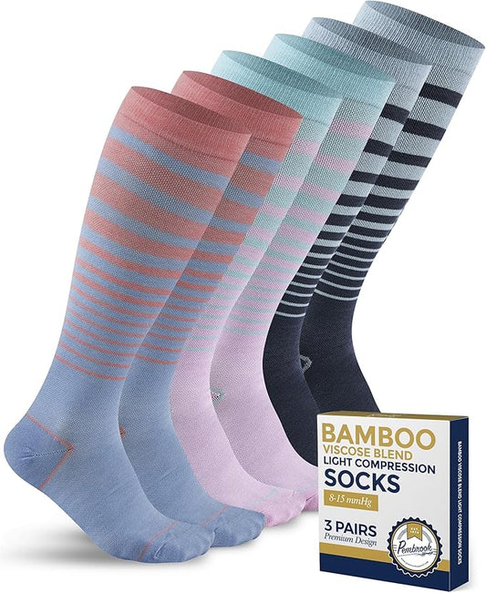 Pembrook Bamboo Viscose Light Compression Socks - 3 Pairs | 8-15 mmhg Compression Socks | Knee High Comfort Support Socks