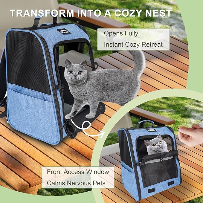 Cat Backpack Carrier with Ventilation Mesh and Safety Leash, Lightweight Dog Travel Backpack with Pockets, Reflective Strip, and Removable Mat,Hiking and Outdoor Use,Blue