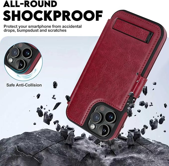CIVICASE for iPhone 15 Pro Wallet Case with Stand,PU Leather Flip Credit Card Holder Slots (RFID Blocking),Compatible with Magsafe Magnetic Holder Phone Cover Women Men,Wine Red