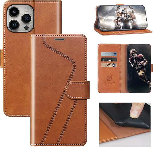 CIVICASE for iPhone 14 Pro Max Wallet Case,Leather Flip Case [RFID Blocking] Credit Card Holder Folio Magnetic Stand TPU Shockproof Cover Color Matching for iPhone 14 Pro Max (6.7") Brown