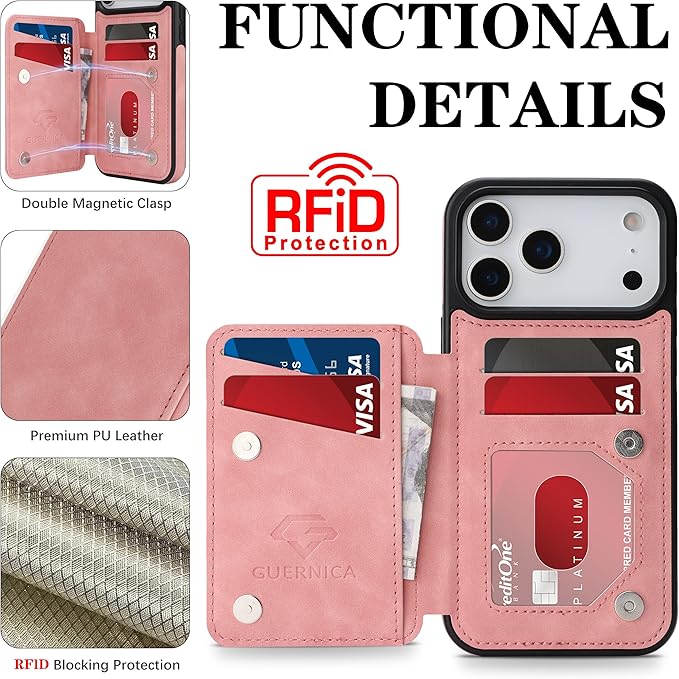 GUERNICA for iPhone 17 Pro (6.3") Case Wallet with Card Holder, RFID Blocking Leather Protection, Shockproof Women Men Phone Case for Apple 17 Pro, Pink