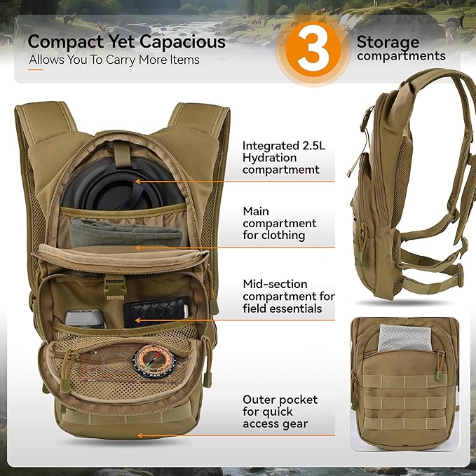 MARCHWAY Tactical Molle Hydration Pack with 2.5L TPU Water Bladder, Low-Profile Organized Military Backpack for Hiking, Cycling, Backpacking, Hunting, Running