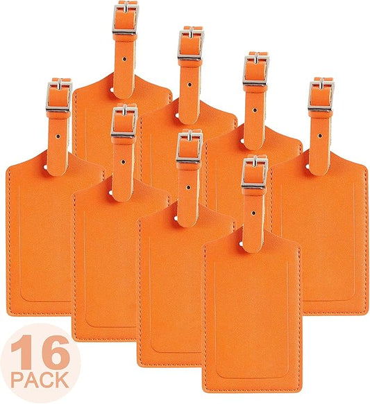 Travelambo 16 Pack Luggage Tags Faux Leather for Suitcases Travel Bag Labels with Protection Cover ID (Orange)