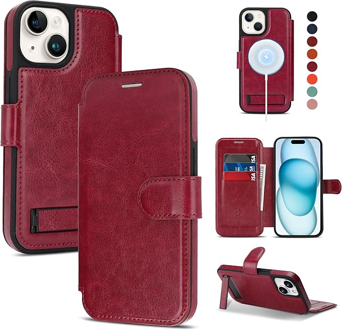 CIVICASE for iPhone 15 Wallet Case with Stand,PU Leather Flip Credit Card Holder Slots (RFID Blocking),Compatible with Magsafe Magnetic Holder Phone Cover Women Men, Wine Red