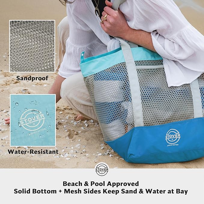 STOVER Large Mesh Beach Bag, Vacation, Pool, Shopping, & Travel Tote - Foldable w/Storage Pockets for Women, Men & Families