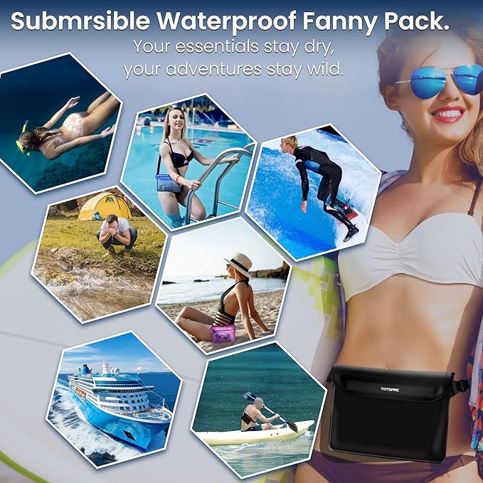 2-Pack Waterproof Fanny Pack, Phone Pouch with Waist Strap, 9x6.7 Inch Dry Bag for Phone, Cash, and Valuables – for Swimming, Kayaking, Boating, Snorkeling, and Water Sports (2, Black + Black)