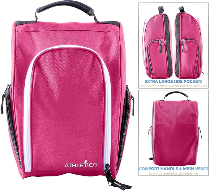 Athletico Golf Shoe Bag - Zippered Shoe Carrier Bags With Ventilation & Outside Pocket for Socks, Tees, etc. (Pink)