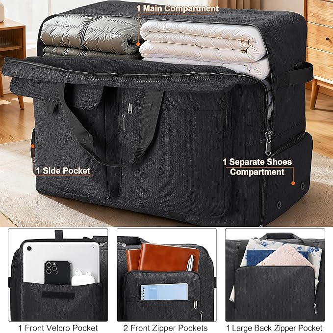 Large Travel Duffle Bag for Men Women, 80L 100L 120L Foldable Waterproof Duffle Bag, Packable Bag with Shoes Compartment for Overnight Gym Weekender Bag (Black, 80L)
