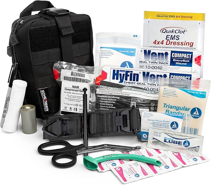 Scherber Premium IFAK Kit Trauma Pack | HSA/FSA Approved | SOF Tourniquet, QuikClot 4x4 HyFin Chest Seal, Israeli Bandage | Fully Stocked MOLLE Pouch for Gunshot, Bleeding, Major Wound Care (Black)