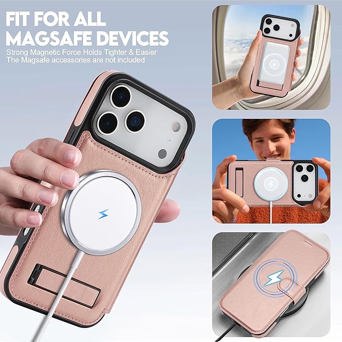 CIVICASE for iPhone 17 Pro Max Wallet Case with Stand,PU Leather Flip Credit Card Holder Slots (RFID Blocking),Compatible with Magsafe Magnetic Holder Phone Cover Women Men,Rose Gold
