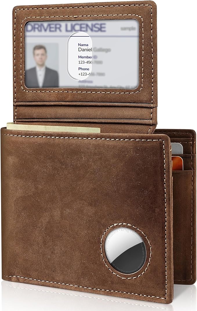 Mens Wallet With AirTag Holder, Bifold Leather RFID Blocking 1-2 ID Windows 12-13 Card Holders, Gift Box and Screen Protector Included, AirTag Not Included