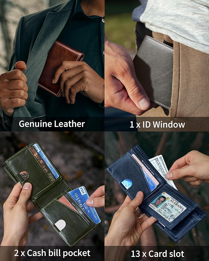 Artpaxy Mens Wallet Bifold Genuine Leather RFID Blocking Wallet for Men with 1 ID Windows 13 Card Holders 2 cash pockets 1 Gift Box