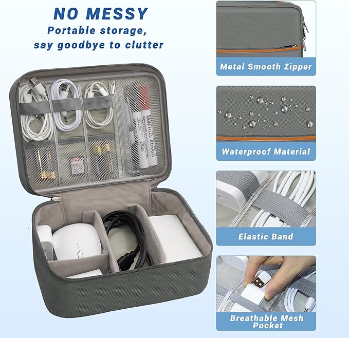 Electronics Organizer,Travel Cord Organizer Pouch, Portable Cable Organizer Bags, Waterproof Electronic Accessories Storage Case for Cables, Cords, Charger, Phone (Double Layer-Gray)