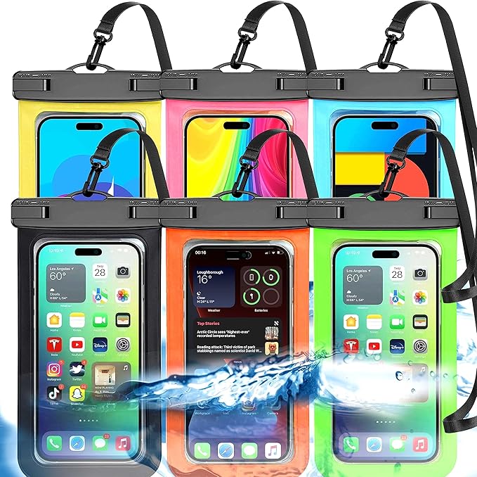 [Up to 8.3"] 6 Pack Multicolor Universal Waterproof Phone Pouch, Phone Waterproof Case Dry Bag (Protection Level: IP68) Outdoor for Apple iPhone,Samsung,and More(Black,Blue,Pink,Orange,Yellow,Green)