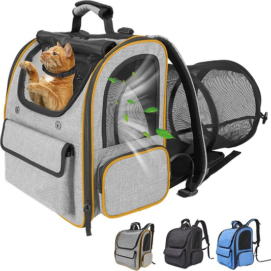 Expandable Cat Carriers for Cats and Small Dogs,Travel Bag with Breathable Mesh Windows, Anti-Escape Leash, Soft Cushion and Lightweight Design,Gray Orange