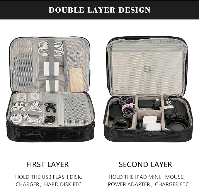 Electronics Accessories Organizer Bag, Waterproof Double LayerTravel Cable Organizer Case for Cords, Charger, Power Bank,Hard Drive, Mouse -Shockproof Tech Storage Pouch (Classic-two layers-Black)
