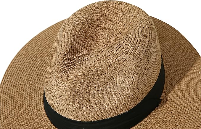 Lanzom Women Wide Brim Straw Panama Roll up Hat Fedora Beach Sun Hat UPF50+