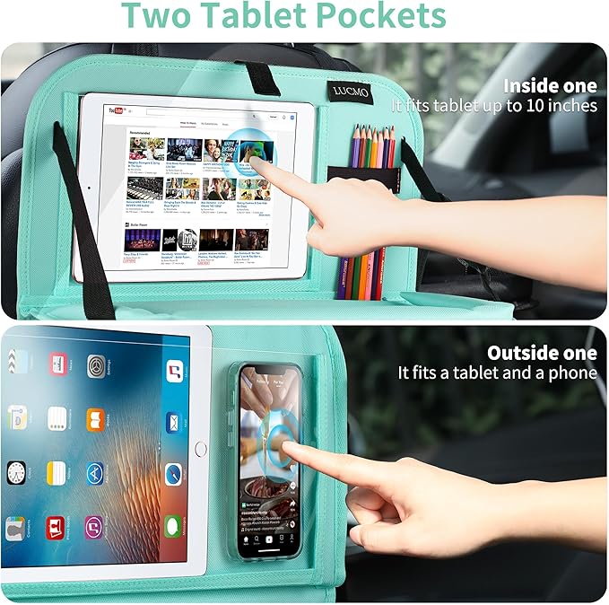 LUCMO Car Backseat Organizer with Tablet Holder,6 Storage Pockets Car Storage Organizer with Foldable Food Tray,Seat Protectors Kick Mats Travel Accessories-Light Blue