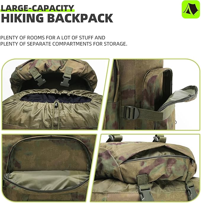 HongXingHai 100L Camping Hiking Backpack,Molle military Tactical rucksack backpack,Waterproof Lightweight Hiking Backpack (Ruin Green)
