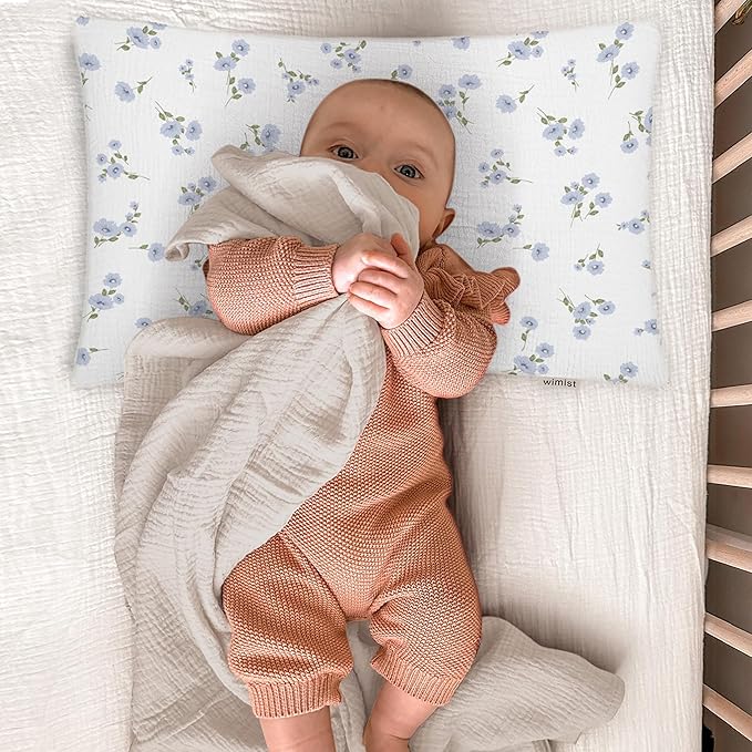 Toddler Pillowcases for 13"x18" Pillow 2 Pack, Muslin Small Toddler Baby Kids Travel Pillow Covers for Boys Girls with Envelope Closure (Flower I & Light Blue, 13 x 18 Inch)