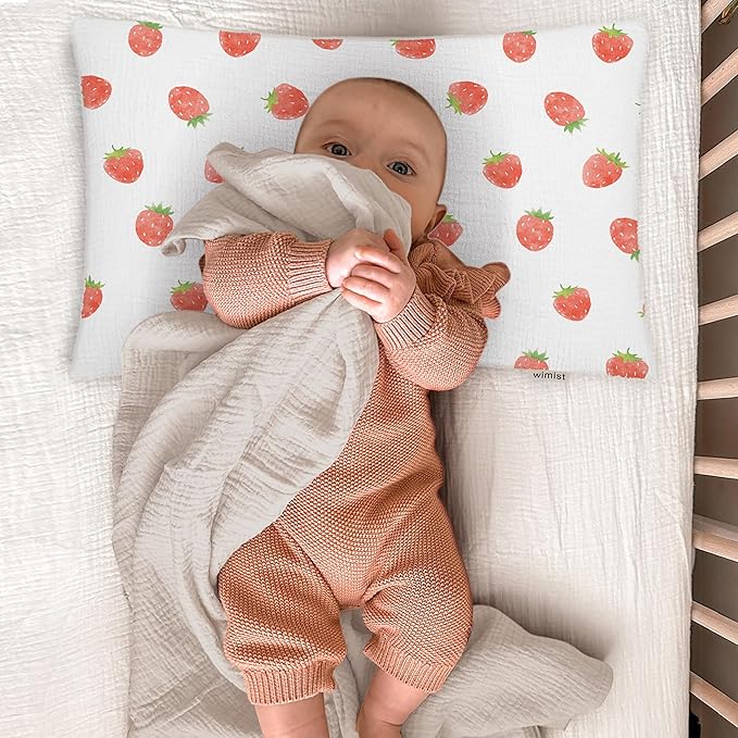 Toddler Pillowcases for 13"x18" Pillow 2 Pack, Muslin Small Toddler Baby Kids Travel Pillow Covers for Boys Girls with Envelope Closure (Strawberry & Pale Pink, 13 x 18 Inch)